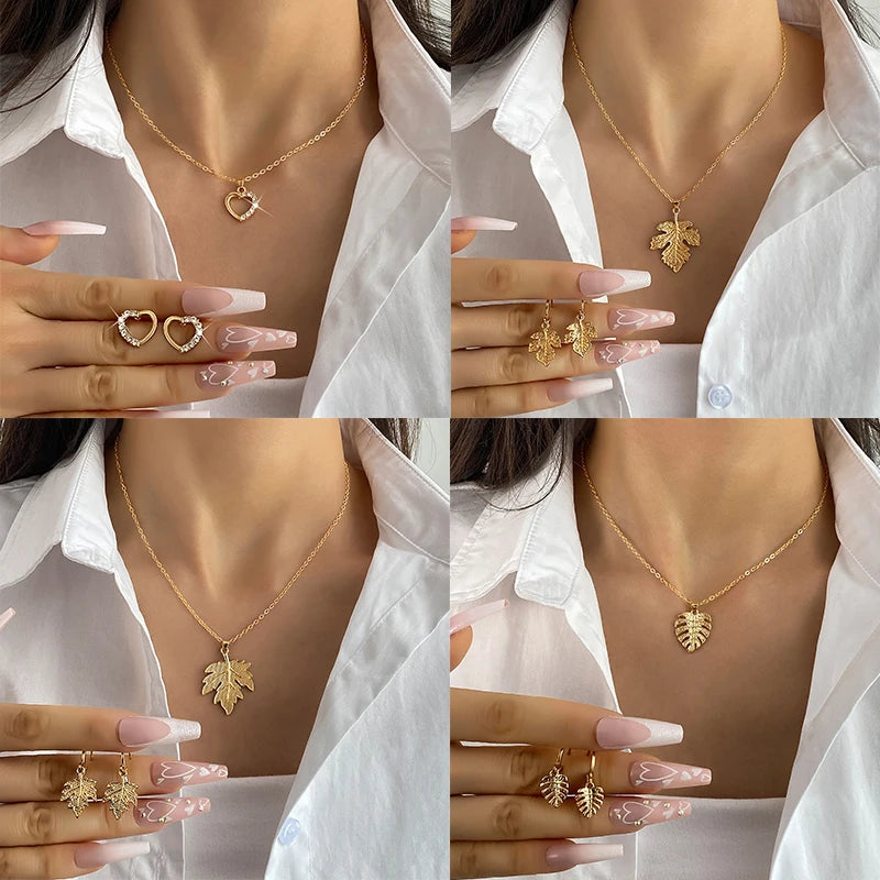 Trendy Leaf Design Heart Zircon Earrings Necklace Jewelry Set for Women Jewelry