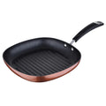 Grill pan/griddle 28 x 28 x 4.5 cm. Forged aluminum metallic copper color silicone-coated handle induction compatible