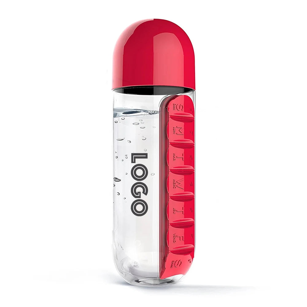 Custom Logo Portable Weekly Pill Organizer Water Bottle Detachable Vitamin Case for Employee Wellness
