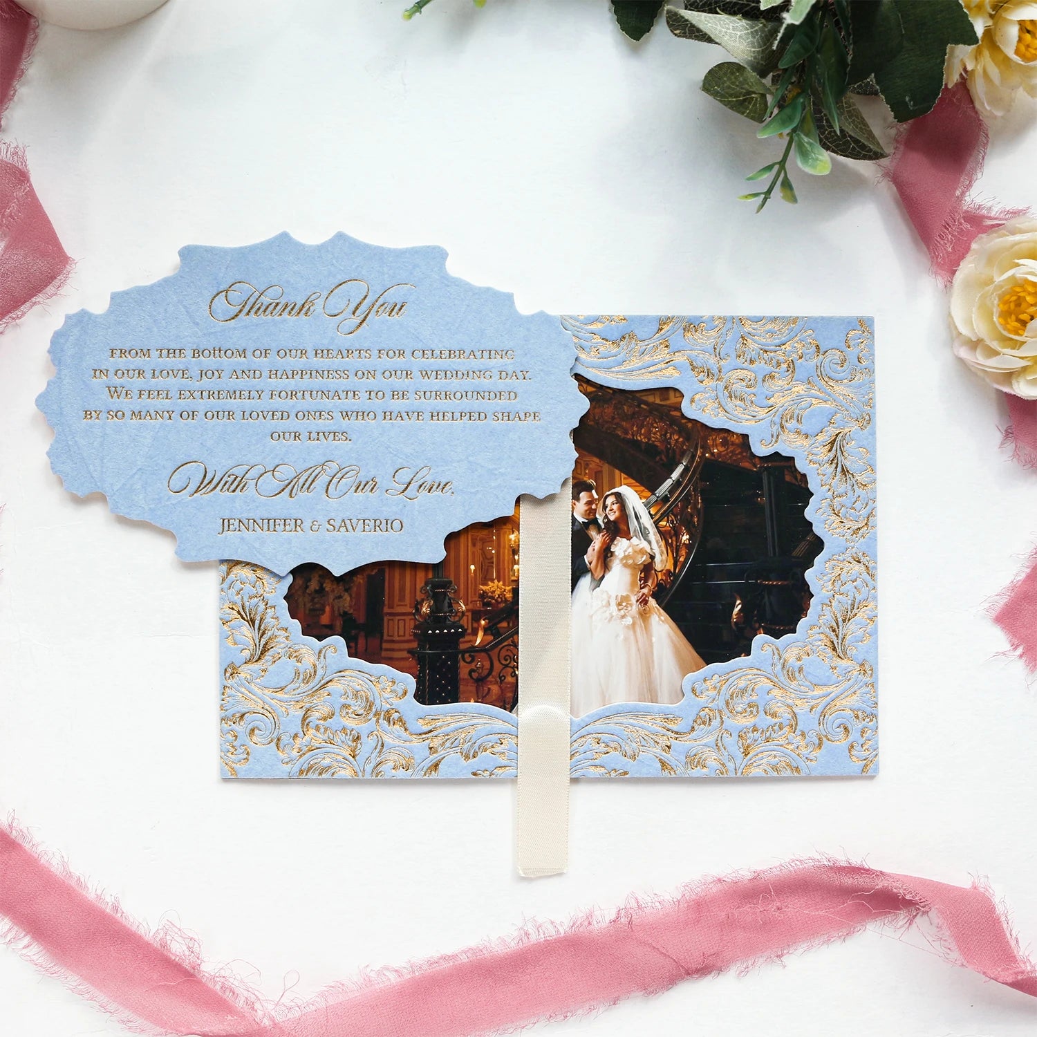 Elegant Velvet Thank You Card Pull Structure Delicate Gold Foil Embellishments and Custom Picture Design for Wedding and Party