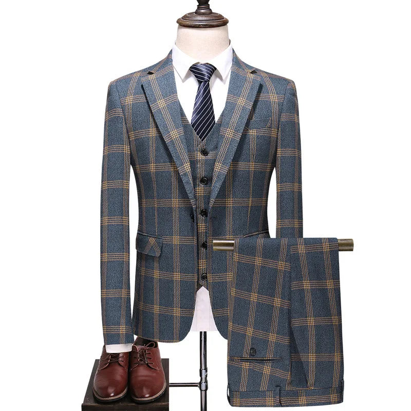 Cross-border E-commerce S-5XL Plus-size Checkered Suit Three-piece Set Men's Business Casual Suit Set