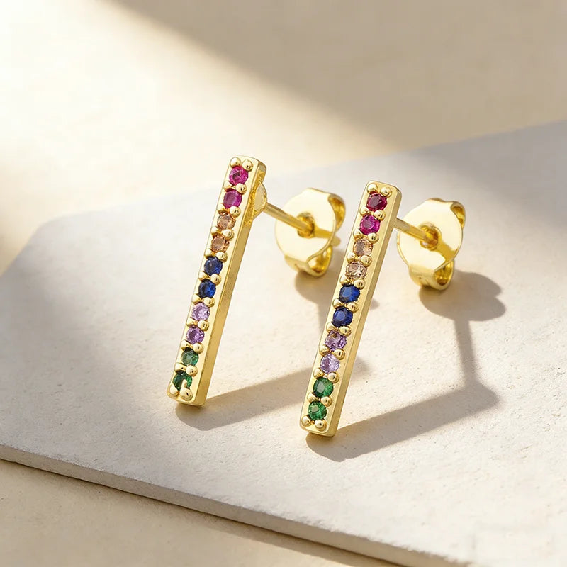 QIKU Geometric Linear Shape Colorful Rhinestone Copper Zirconia Gold Plated Stud Earrings Women's Jewelry Wedding Accessories