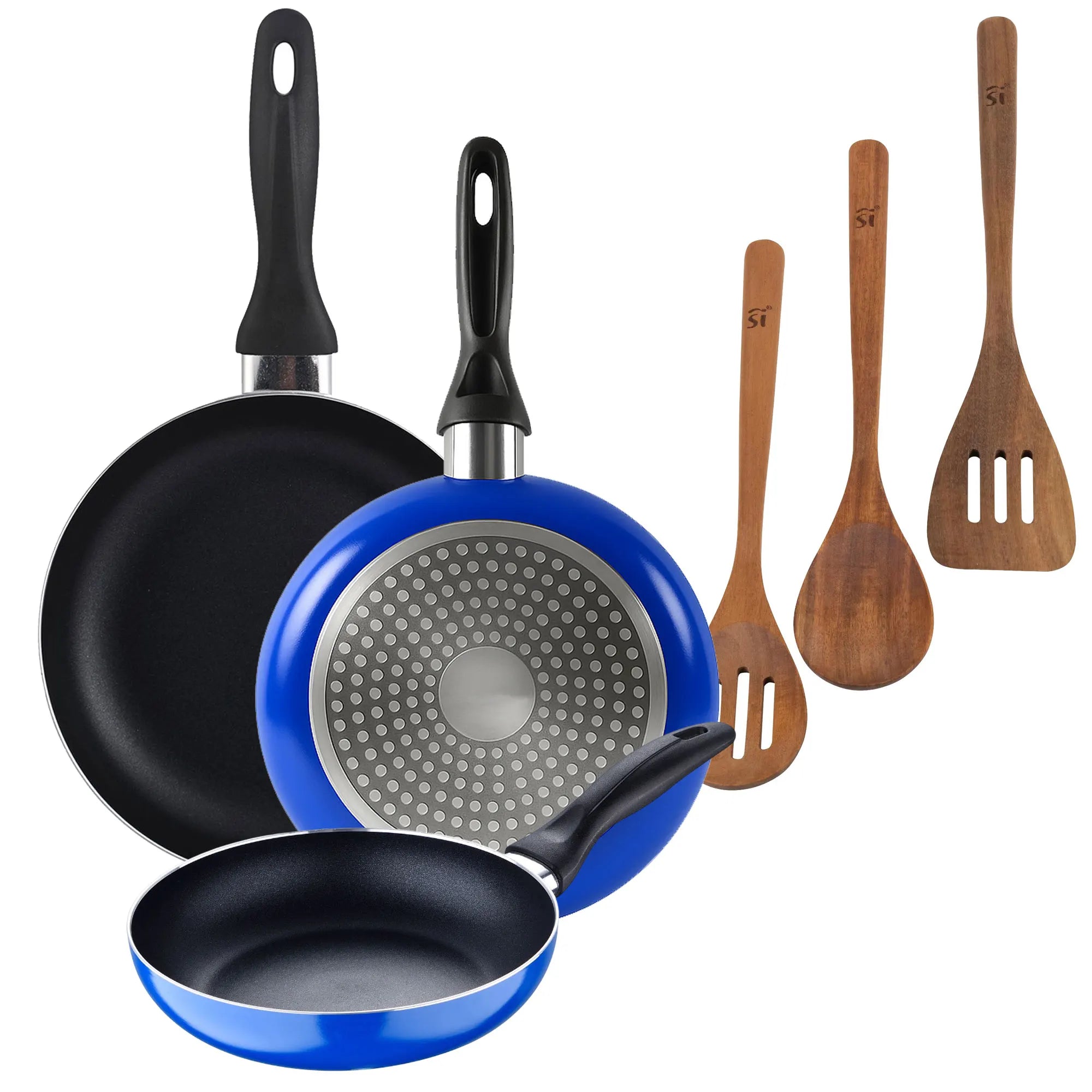San Ignacio 3-piece frying pan set (16+20+24cm) pressed aluminum blue + 3-piece acacia wood kitchen utensil set