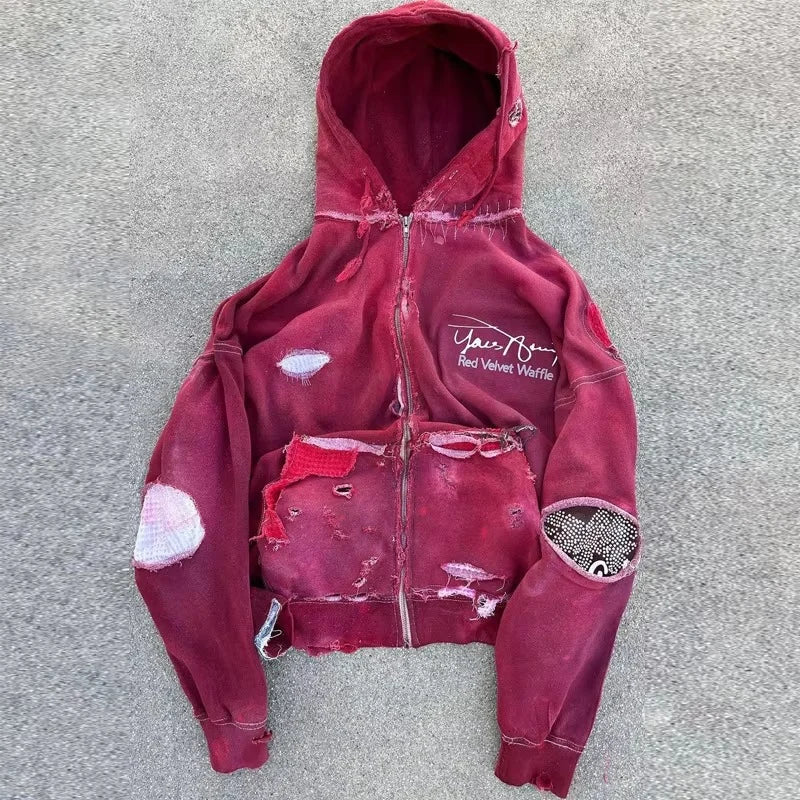 Custom 100% Cotton Fleece Winter Streetwear Vintage Acid Wash Distressed Men Zip Embroidery Washed Hoodie 430/330gsm Custom Logo