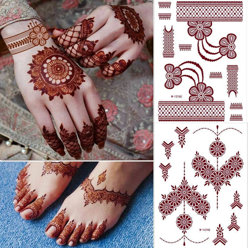 Custom Eco-friendly Non-toxic Brown Red Temporary Water Transfer Printing Crimson Lace Henna Tattoo Sticker for Body Art Design