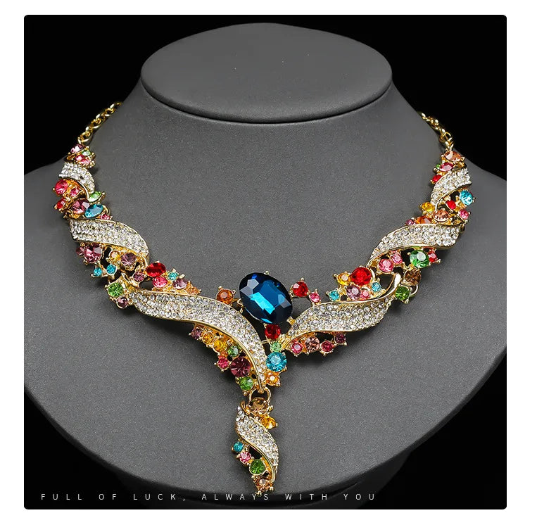 High-end Women's Flower Zircon Silver Plated Chokers Necklace Set Collar Chain Fashionable Colorful Jewelry for Party