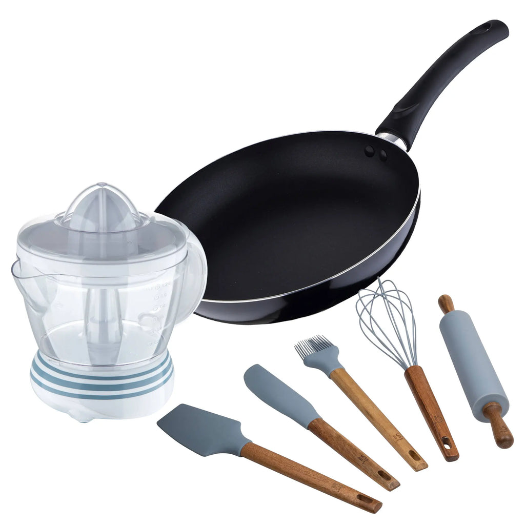 PIXEL Chef Sauce Pan Set (24x4.5cm) - Pressed Aluminum + 40W 1.2L Juicer + 5-Piece Silicone Kitchen Utensil Set