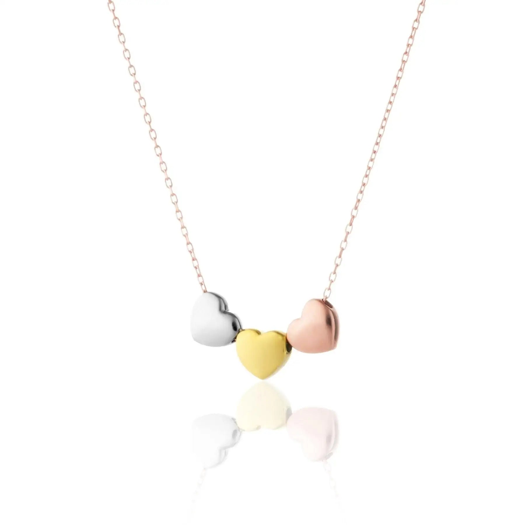 Azuris 925k Silver Fine Pendant Necklace with Three Color Hearts Design Made in Turkey