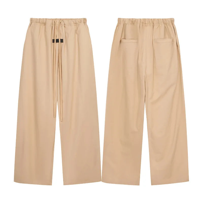 OEM Custom logo Embroidery Printed Design Street Double Line Solid Color Woven Straight Men's Loose Casual Drawstring Trousers