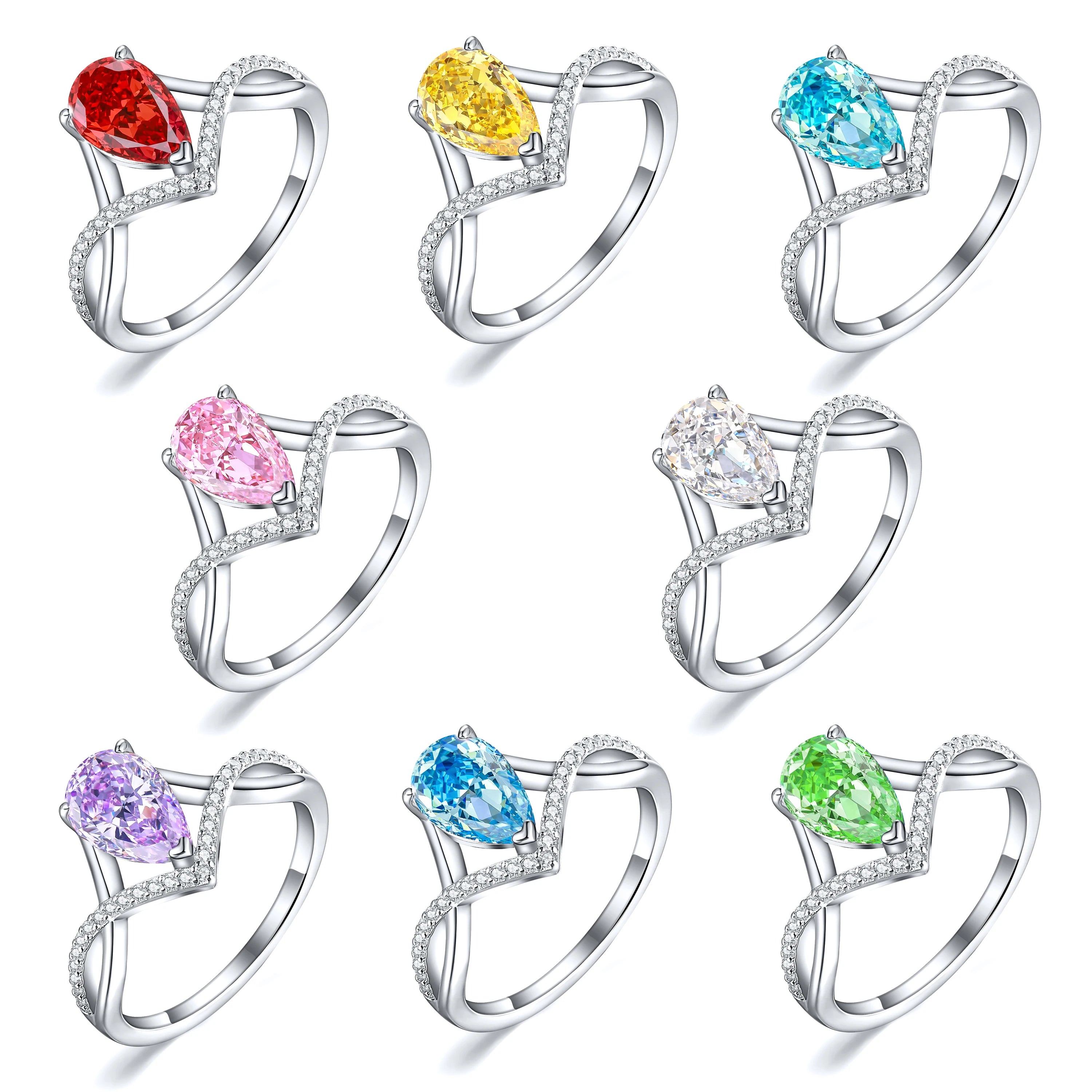 Stylish Rainbow Baguette Rings S925 Silver Engagement Promise Wedding Rings Rhodium Plated Pear Colorful Jewelry Gemstone Ring