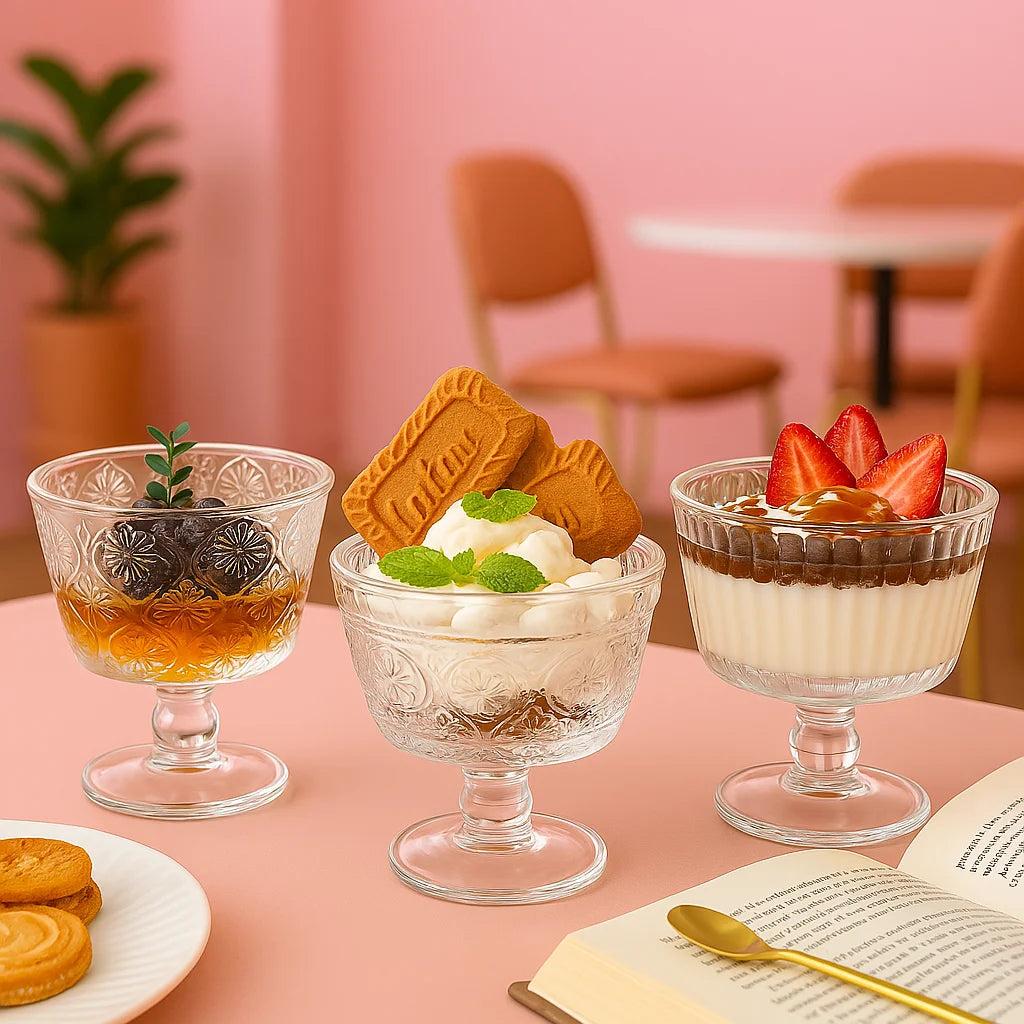 Vintage Embossed Hand Blown Lead-Free Glass Goblet Breakfast Bowl Drinkware 200-300ml Dishwasher Safe Transparent Classic Yogurt