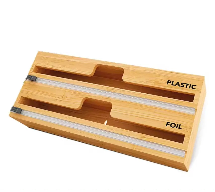 Factory Direct Bamboo Plastic Packaging Dispenser with Cutter for Aluminum Cling Film and Tissue Storage - 2-Cell Divider