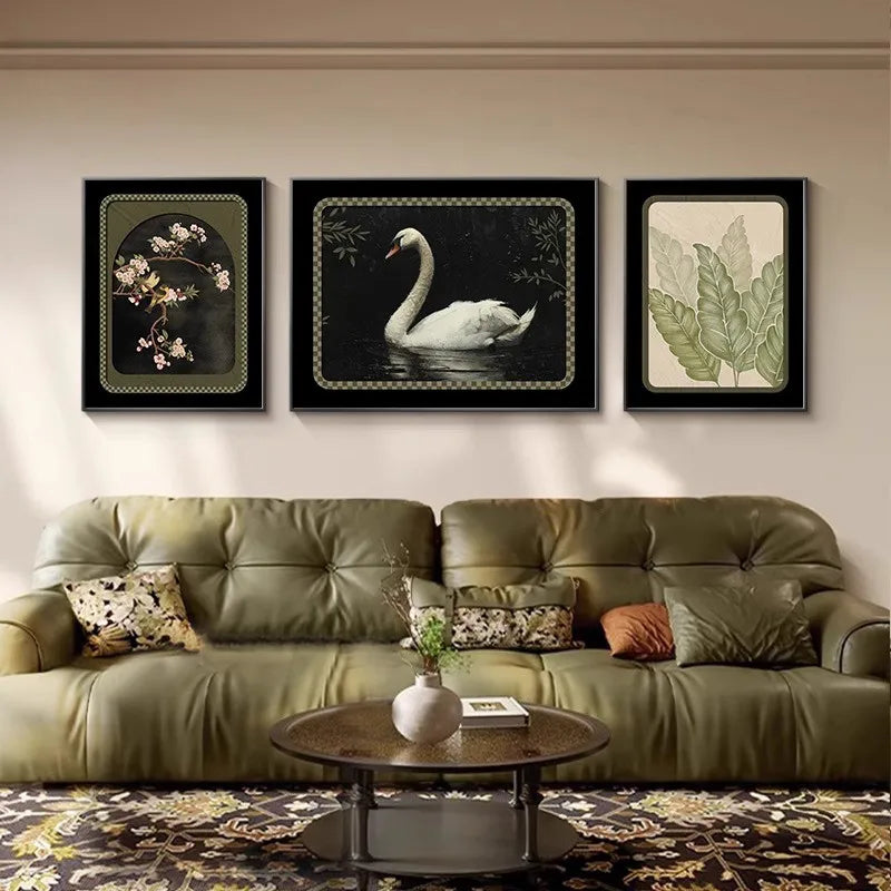MidAge Style Animal Living Room Decoration Painting Decorative Art Sofa Backdrop Wall Painting High-End Feel Three Joint Murals