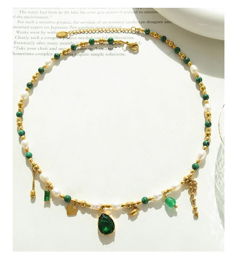 Small Baroque Turquoise Freshwater Pearl Neck Chain Court Style Design Commuting Simple Collar Chain Titanium Steel 18k