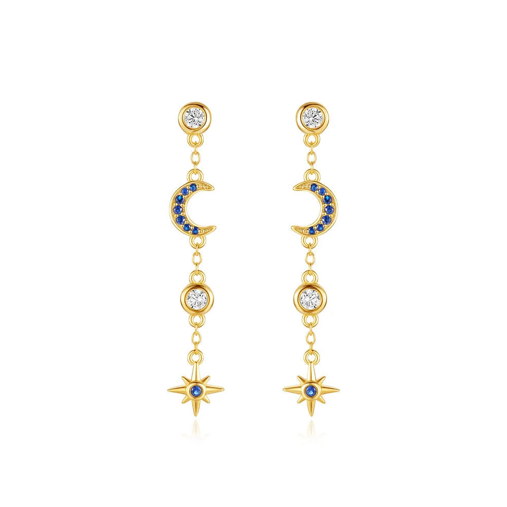 Long Tassel Earring S925 Silver Geometric Star and Moon Stud Earring