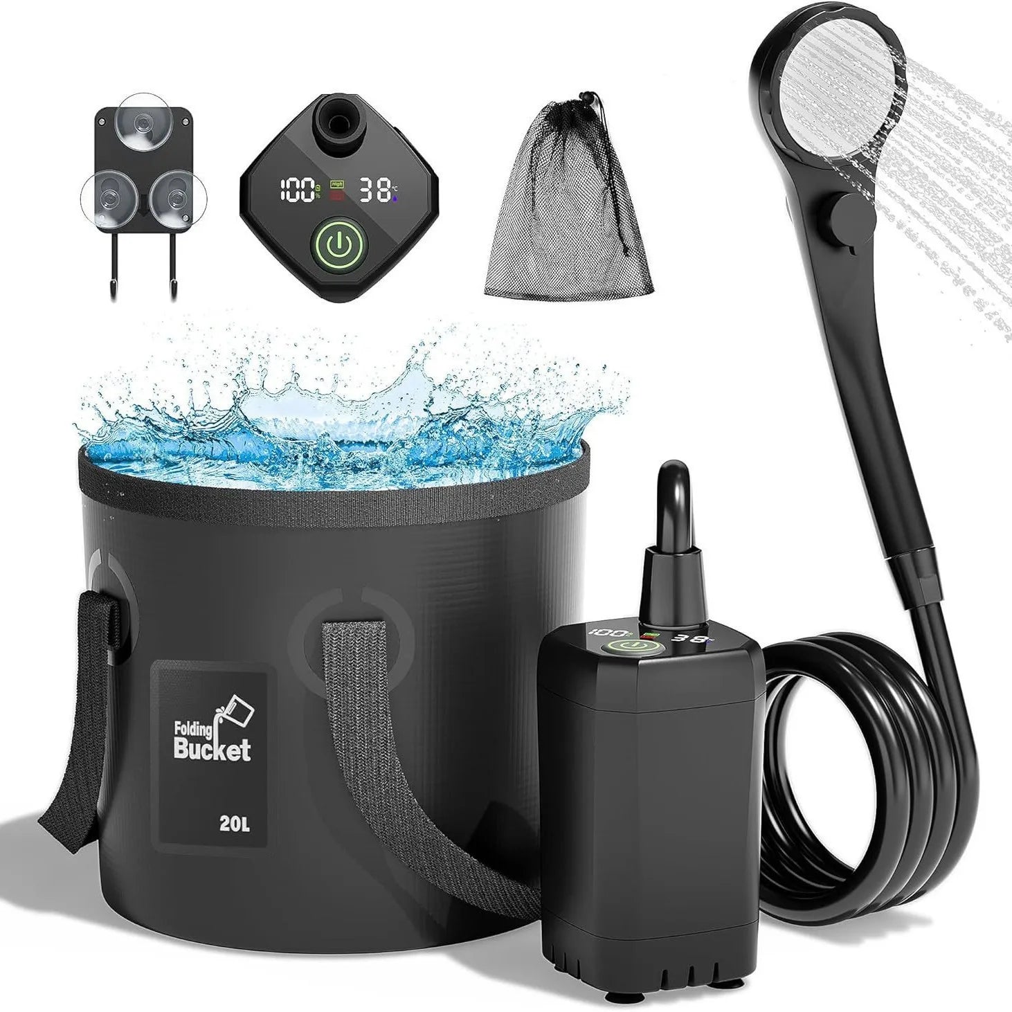 6000mAh Rechargeable IPX7 Waterproof Portable Outdoor Camping Shower with 20L Foldable Bucket for Hiking Travel