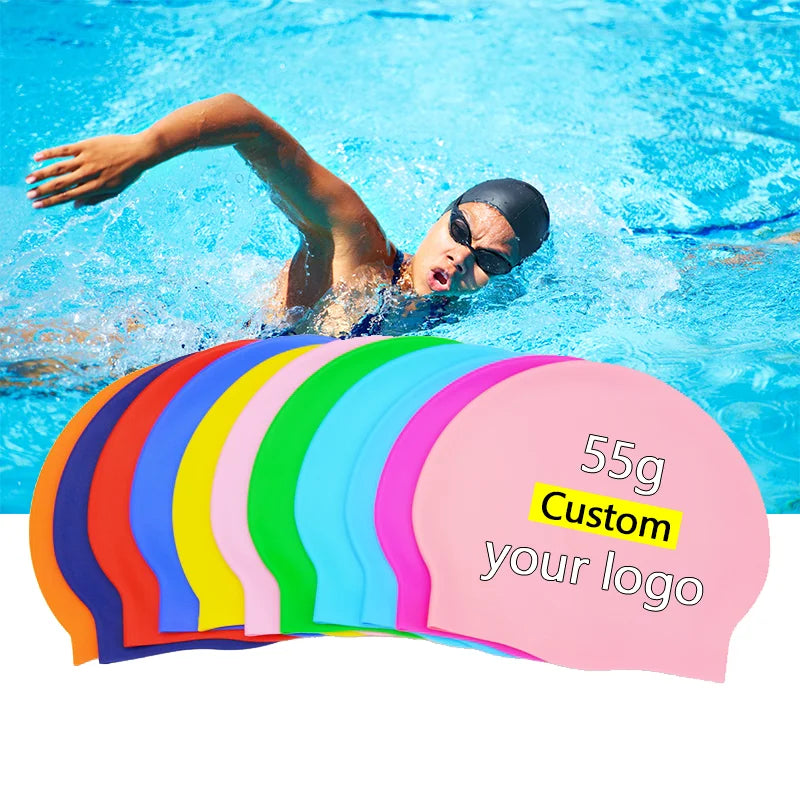 Swim Cap Manufacturer Small MOQ Professional Waterproof 55g Swimming Cap Silicone logo Custom Bulk Printed Swim Caps for Adult