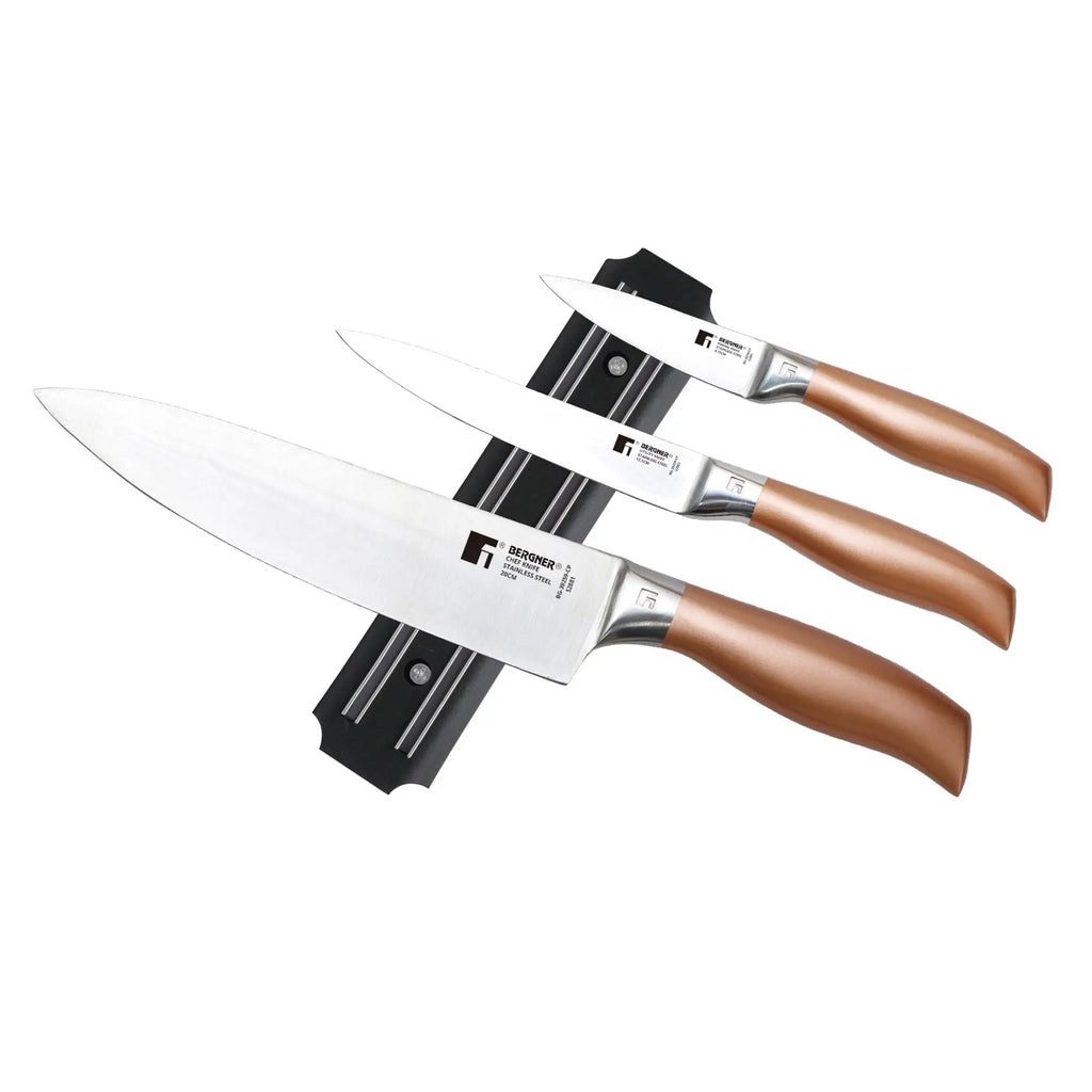 Bergner Copper Set of 3 Stainless Steel Knives + Magnetic Wall Mount
