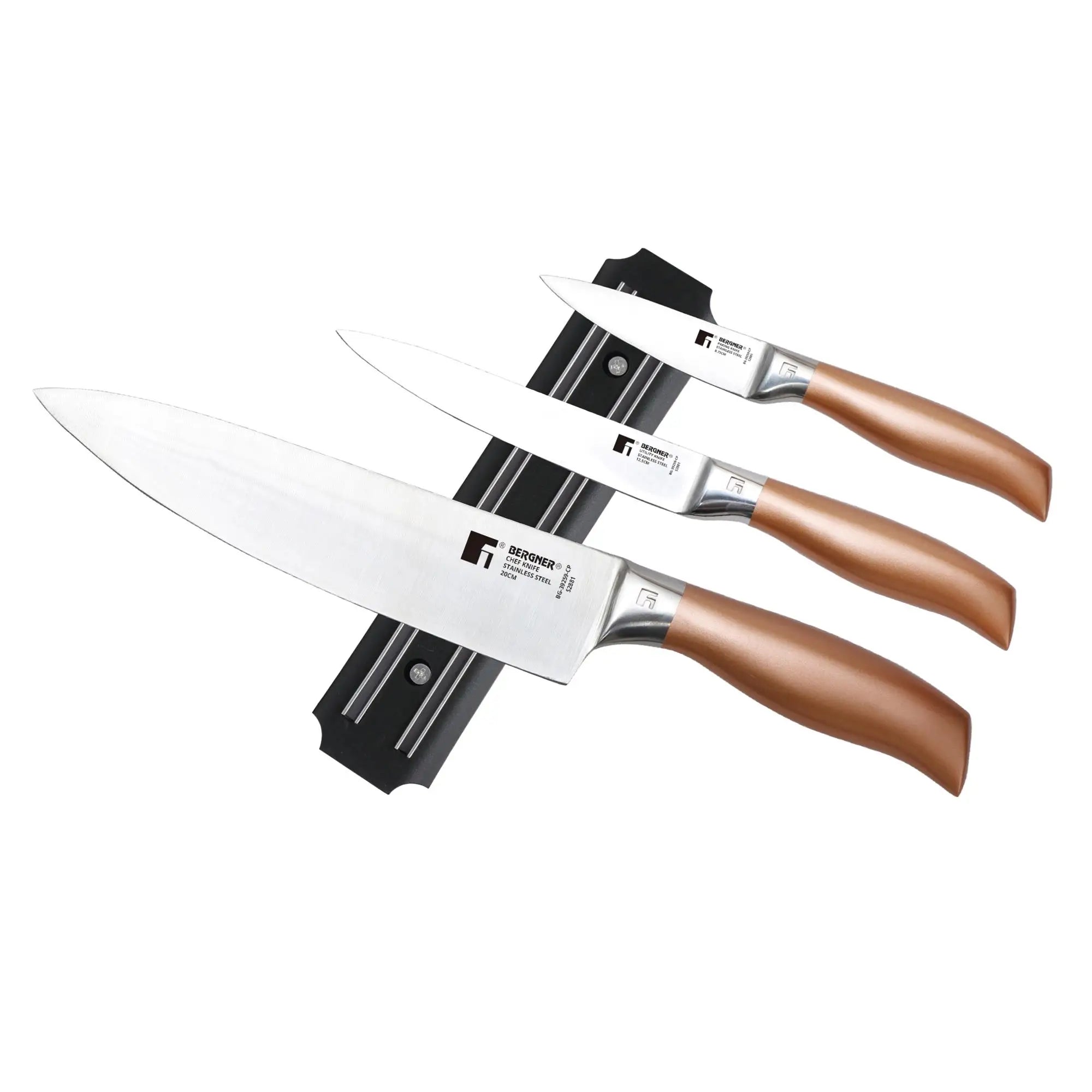 Bergner Copper Set of 3 Stainless Steel Knives + Magnetic Wall Mount