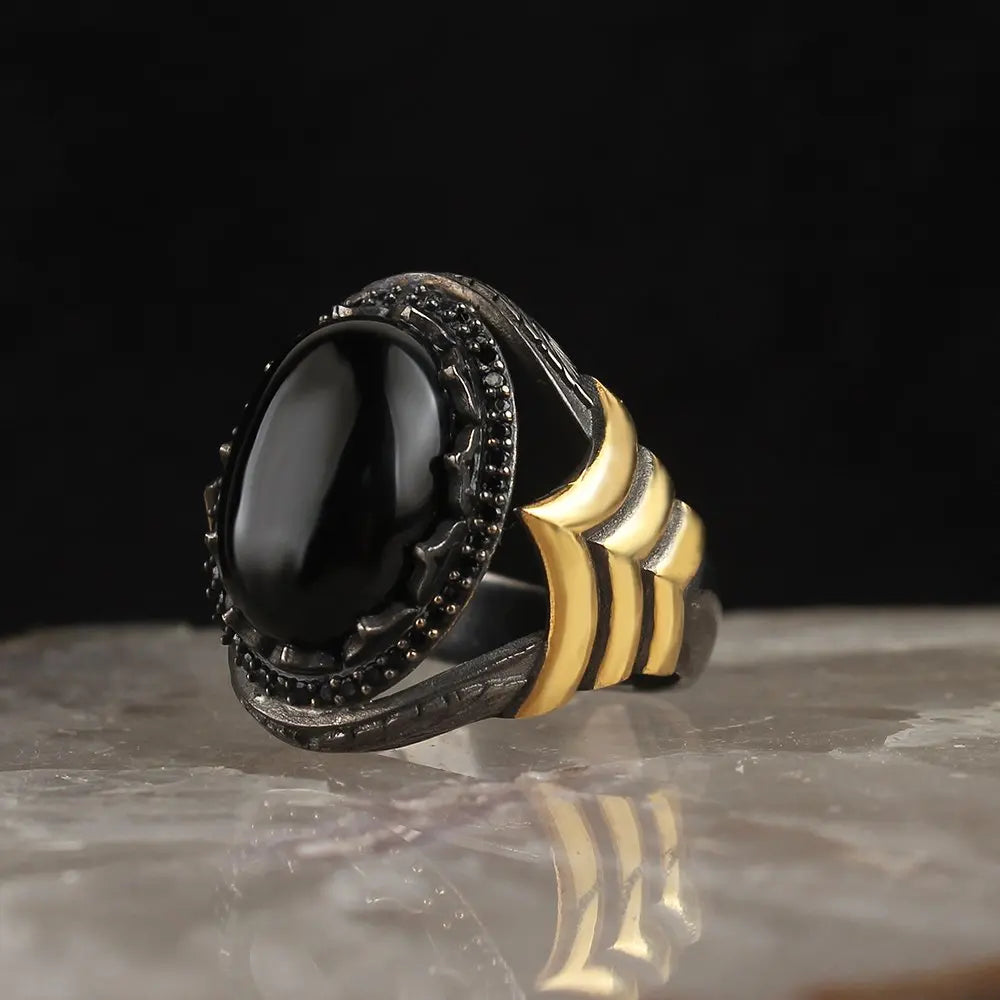 Turkish Style Vintage 925 Sterling Ottoman Style Men's Ring Model RCEGYT-418 Rhodium and Gold Bi-color Plating