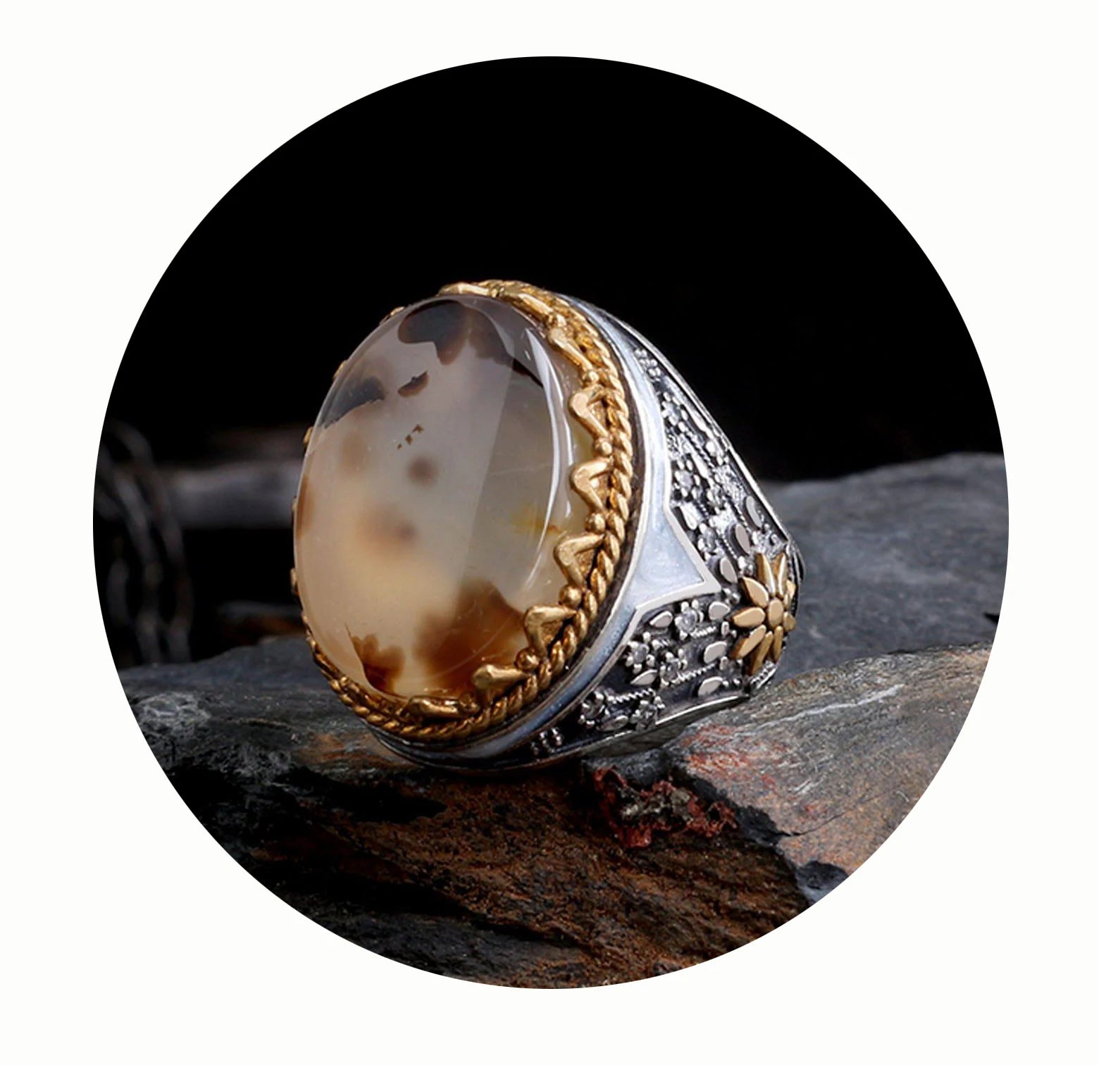 Turkish Style Vintage Mens Luxury 925 Sterling Silver Agate Ring Classic Wedding Natural Stone Customized Size Wholesale Jewelry