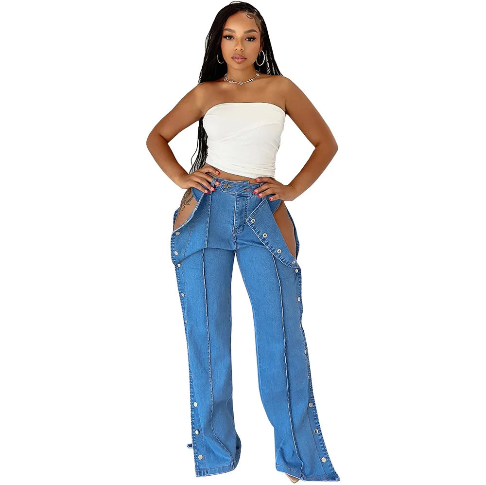 Women's High-Waisted Denim Pants - Casual Style with Side Button Closure Street Fashion for Western Cross-Border Apparel