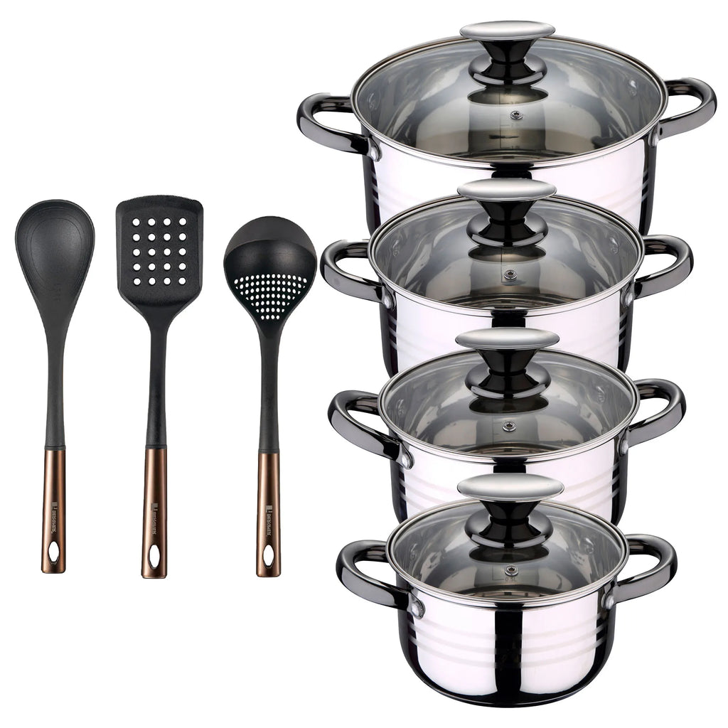 8-piece stainless steel cookware set suitable for induction cooktops San Ignacio Premium Collection + Bergner Copper 3-piece