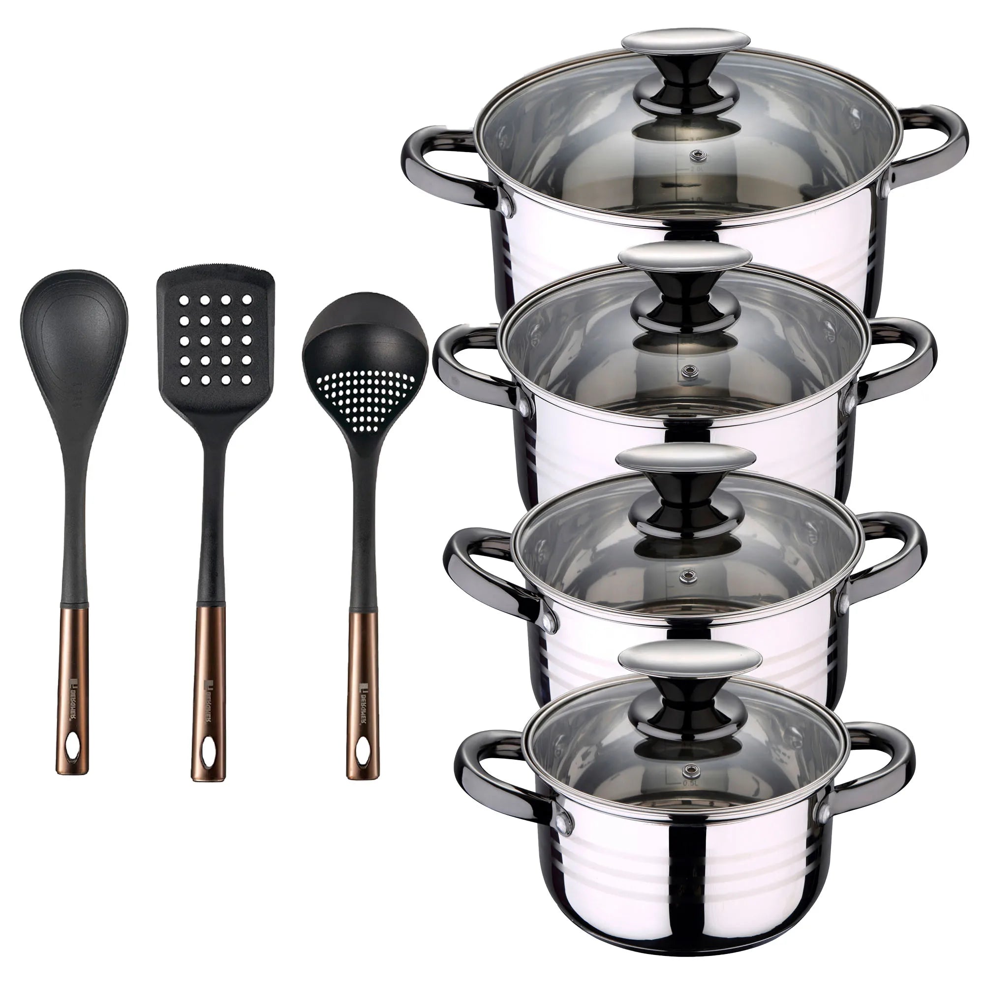 8-piece stainless steel cookware set suitable for induction cooktops San Ignacio Premium Collection + Bergner Copper 3-piece