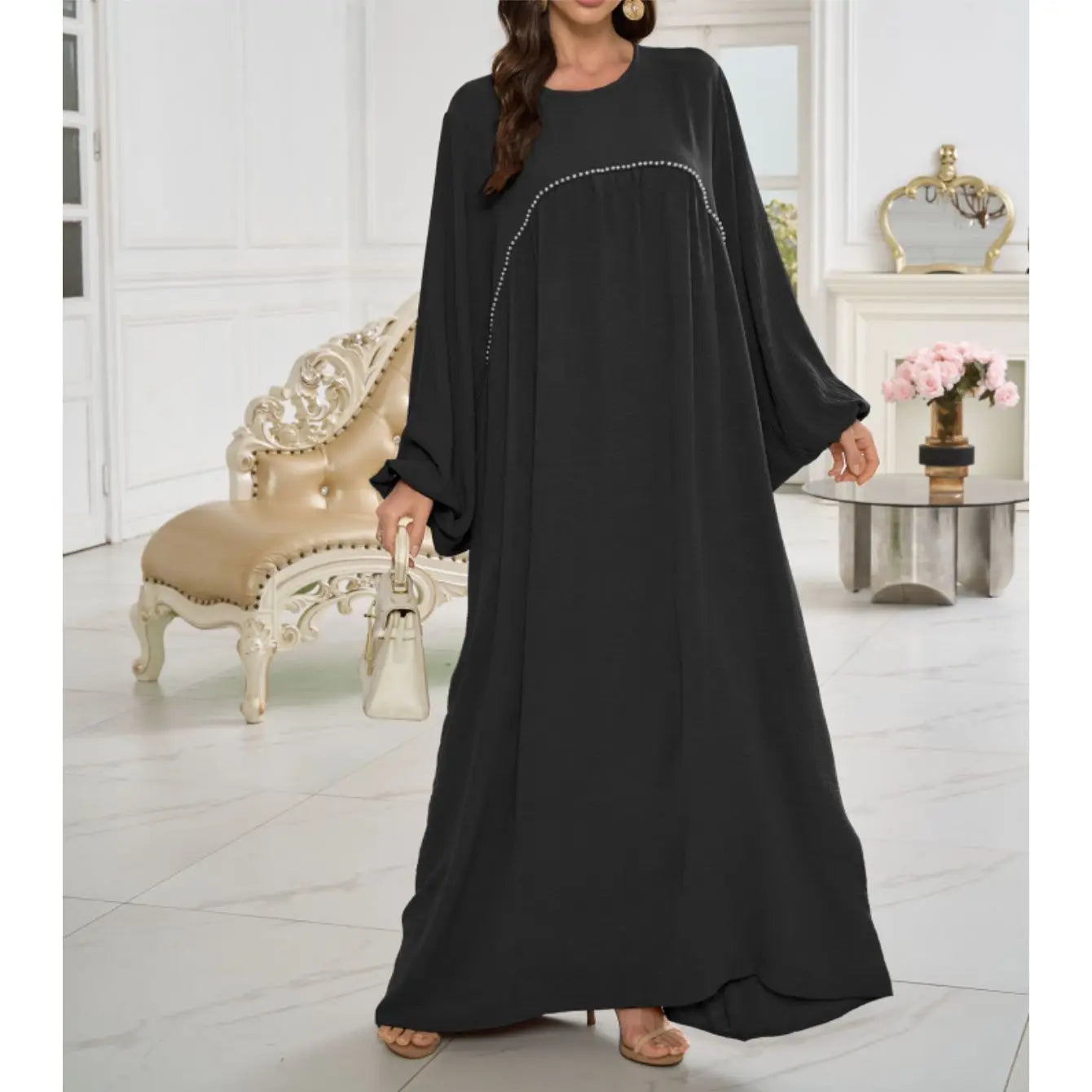 Elegant Beaded Turkish Kaftan Dress - Long Sleeve Loose Maxi Dress with Round Neck Machine Washable Traditional Attire for Women