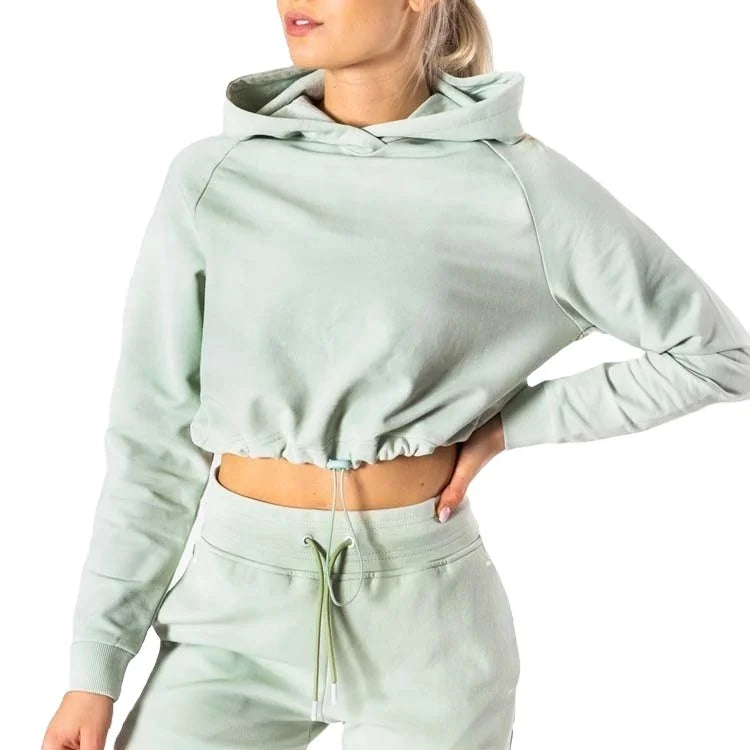Women's Cotton Cropped Gym Sweatshirts Dusty Mint Fitness Hoodies with Embroidered Front Logo Adjustable Clean Design Made Silk