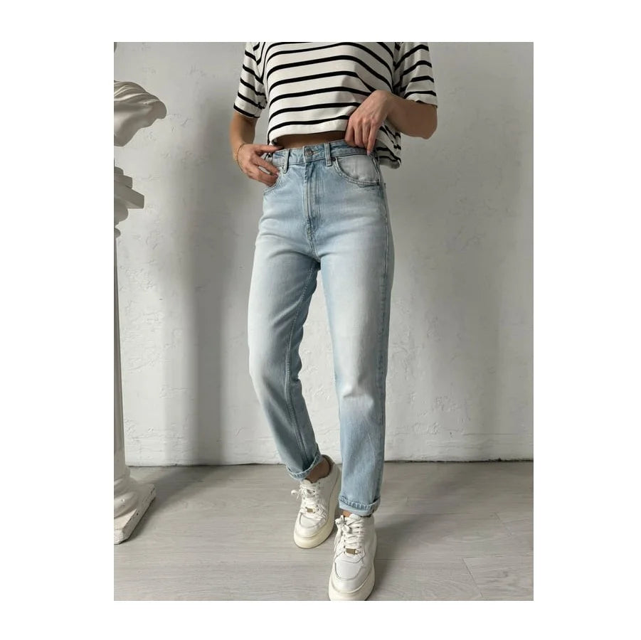 Women's Casual Breathable Cotton High Waist Solid Jeans Regular Denim Trousers Cute Dresses Belt Girls Summer Eco-Friendly