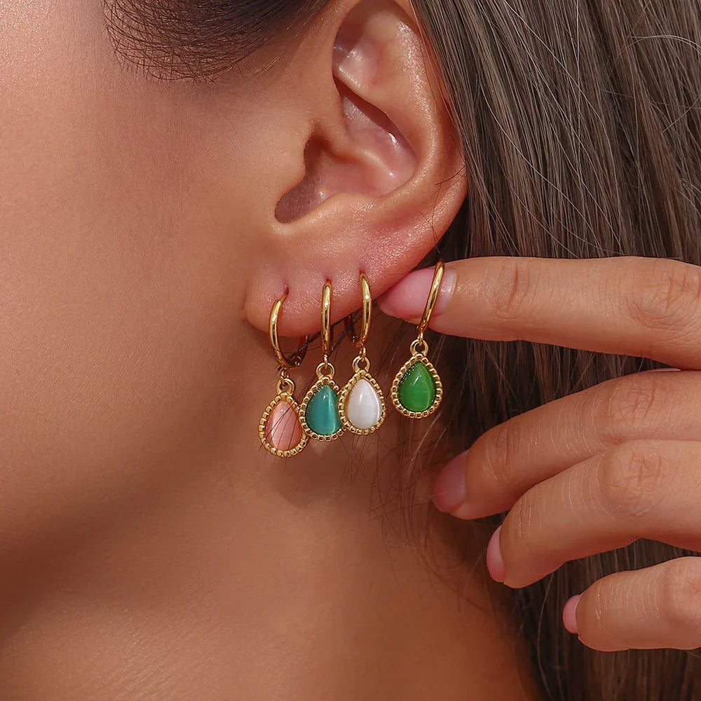 Water Drop Green Pink Gem Stone Cat's Eye Earrings Stainless Steel Hoop Earring Natural Gemstone Earrings Women Jewelry