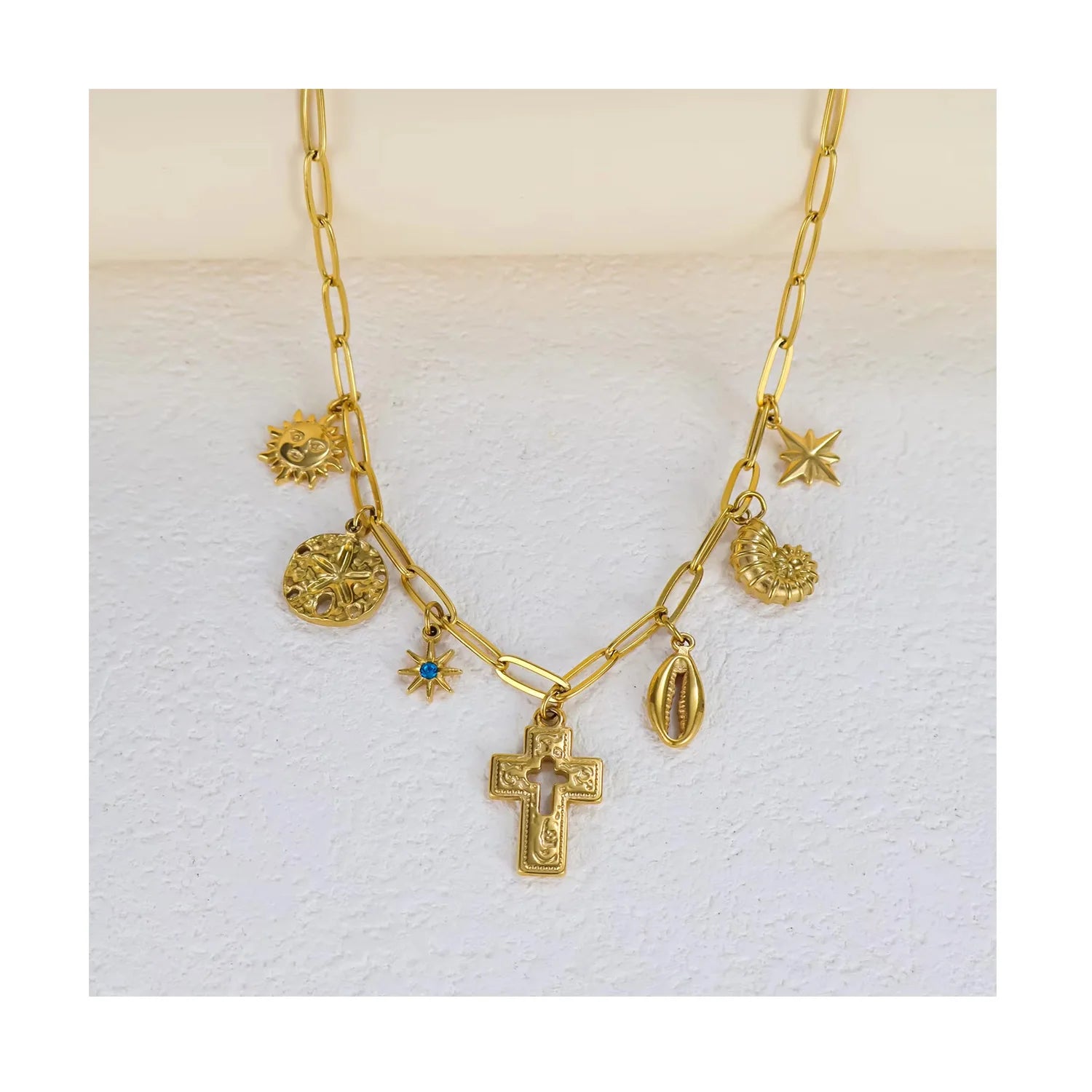 Waterproof Summer Shell Starfish Pendant Gold Plated Necklace Stainless Steel Eight-pointed Star Religious Cross Women Jewelry