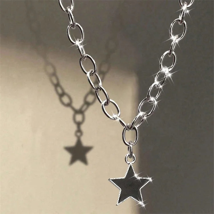 Fashionable Jewelry Statement Charm Unique Chunky Stainless Steel Link Chain Couple Black Y2k Star Pendent Necklace for Unisex