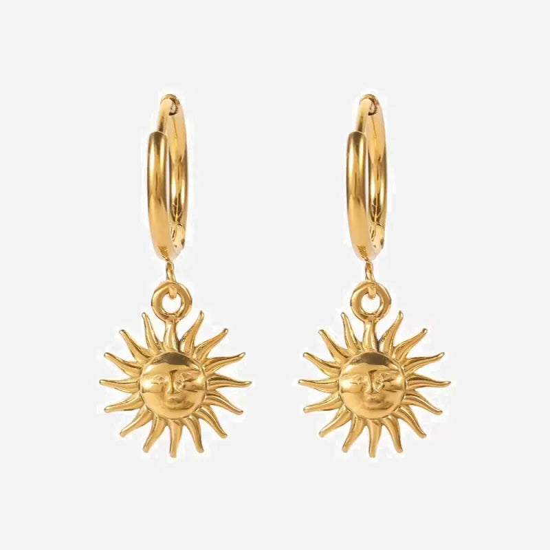 INS 18k Gold Plated Stainless Steel Engraved Sun Face Drop Dangle Hoop Earring Tarnish Free Jewelry
