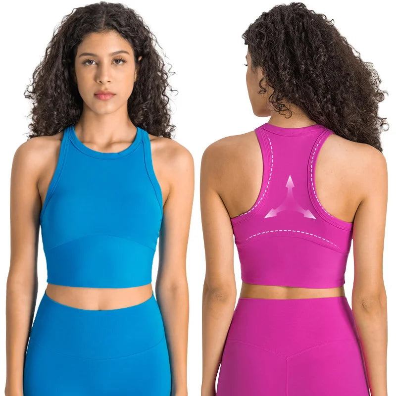 Wholesale Fashion Yoga Sport Bra Custom Logo High Neck Racer Back Crop Top Hot Sexy Sports Bra Top for Women Fitness With Padded