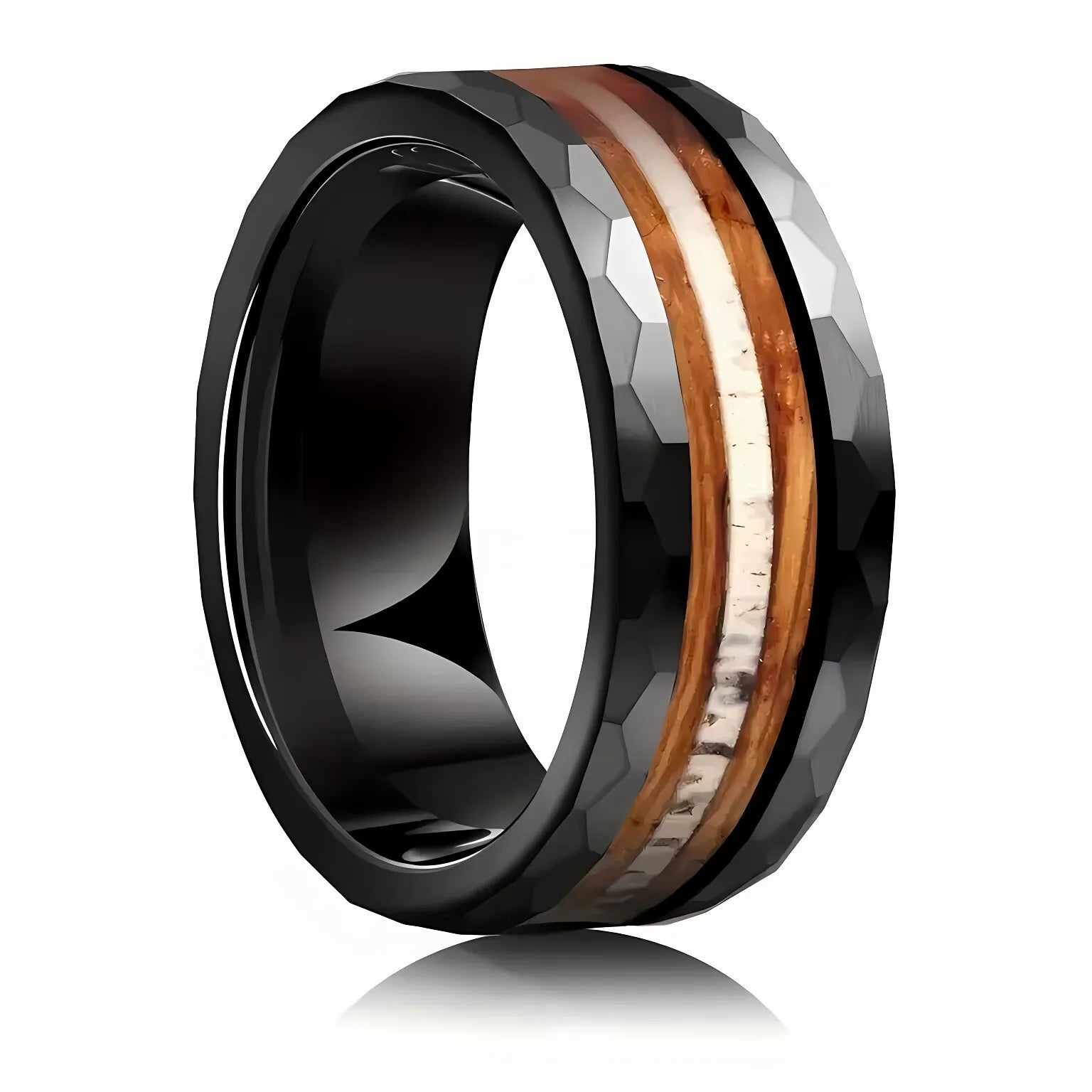 POYA 8mm Tungsten Carbide Ring Hammered Whiskey Barrel Wood Antler Inlay Black Gold Plated Engagement Wedding Ring Christian