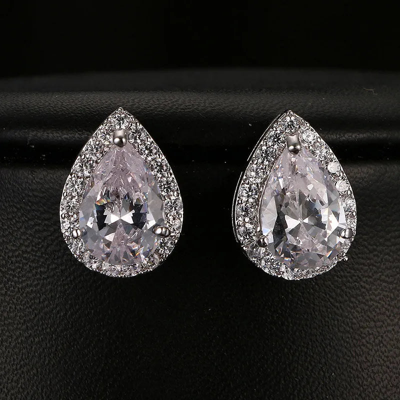 MOQ 2pcs Wholesale Women Jewelry CZ Luxury Gold Plated Pear Drop Bridal Earrings Zircon Classic JR Brand