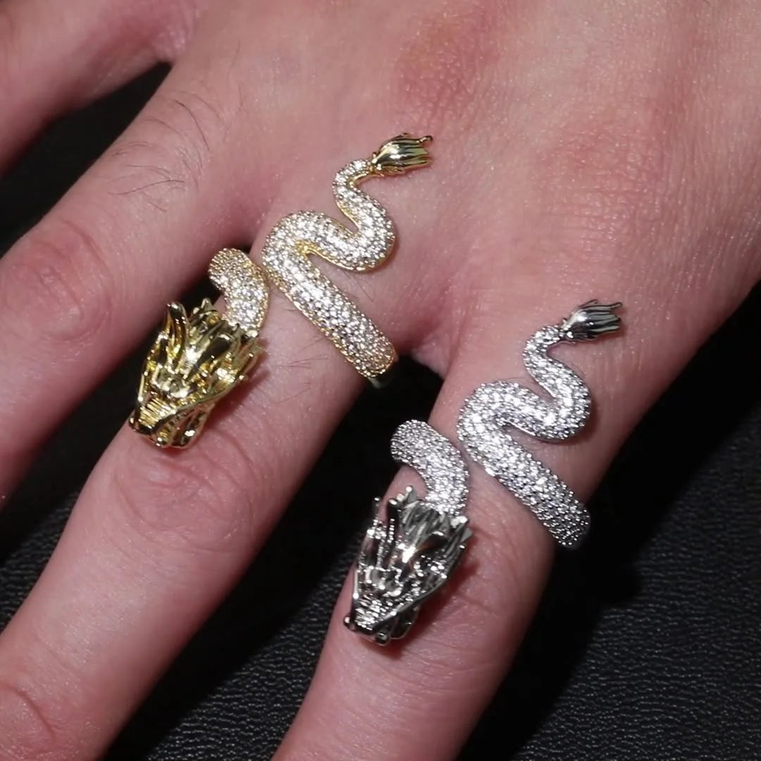 New Hip Hop Brass Gold Plated Chinese Loong Traditional Myth Dragon Iced Out Cubic Zircon Adjustable Ring Men Women Jewelry Gift