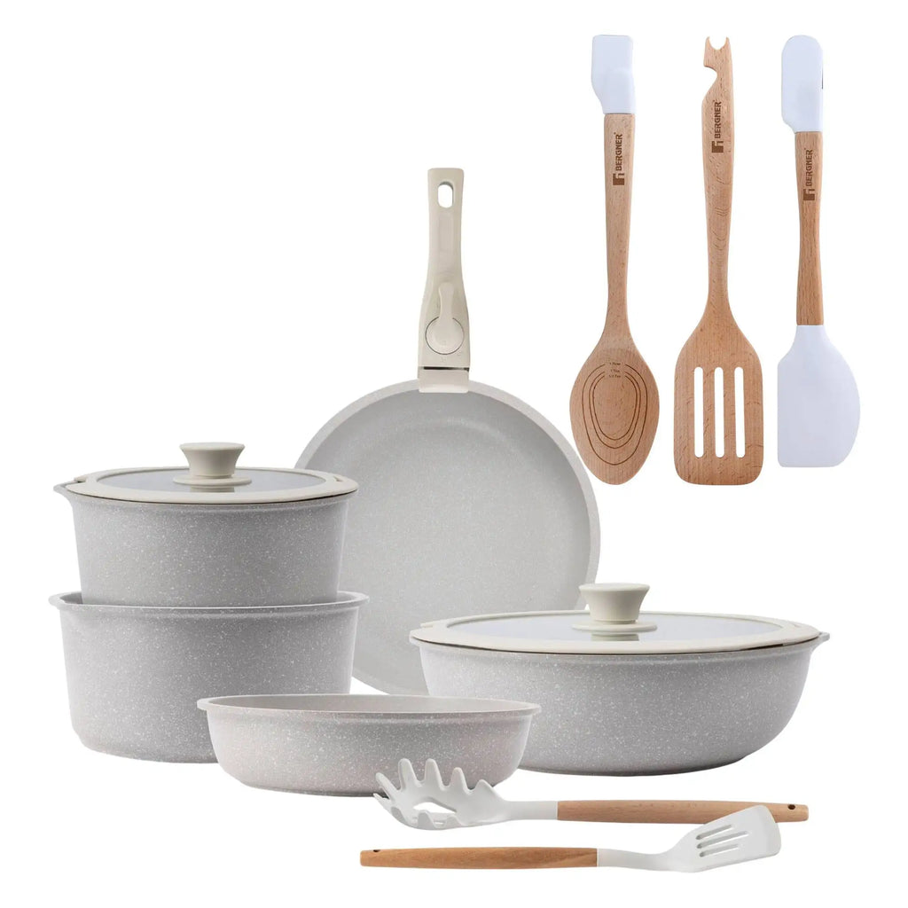 10-Piece Beige Cookware Set with Removable Handles 3 Frying Pans 2 Saucepans Lids and Utensils + Set of 3 Silicone and