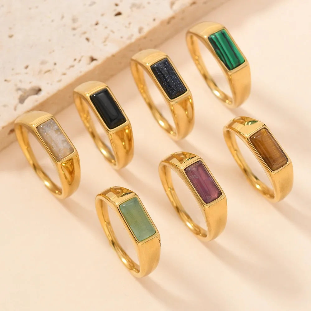 6x12mm Thin Rectangle Natural Gemstone Cabochon 18K Gold Plated Stainless Steel Wedding Signe Finger Rings for Women Men