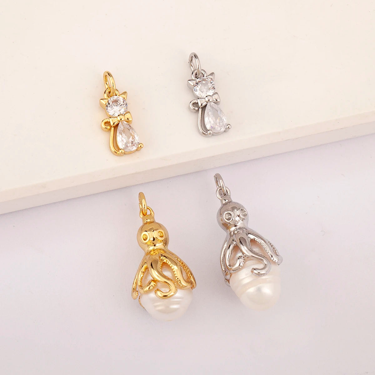 QIKU Cute Cat Octopus/Octopus Pearl Animal Charm Gold Silver Copper Cubic Zirconia Personalized Pendant for DIY Necklace Making