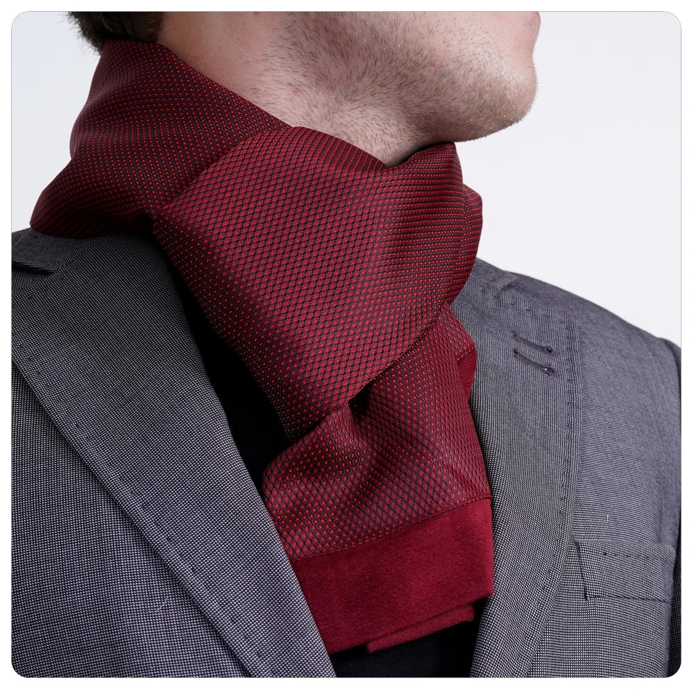Exve Exclusive Elegant Double-Sided Jacquard Woven Scarf Red with Black Geometric Micro Pattern for Suit Jackets Turkey Origin