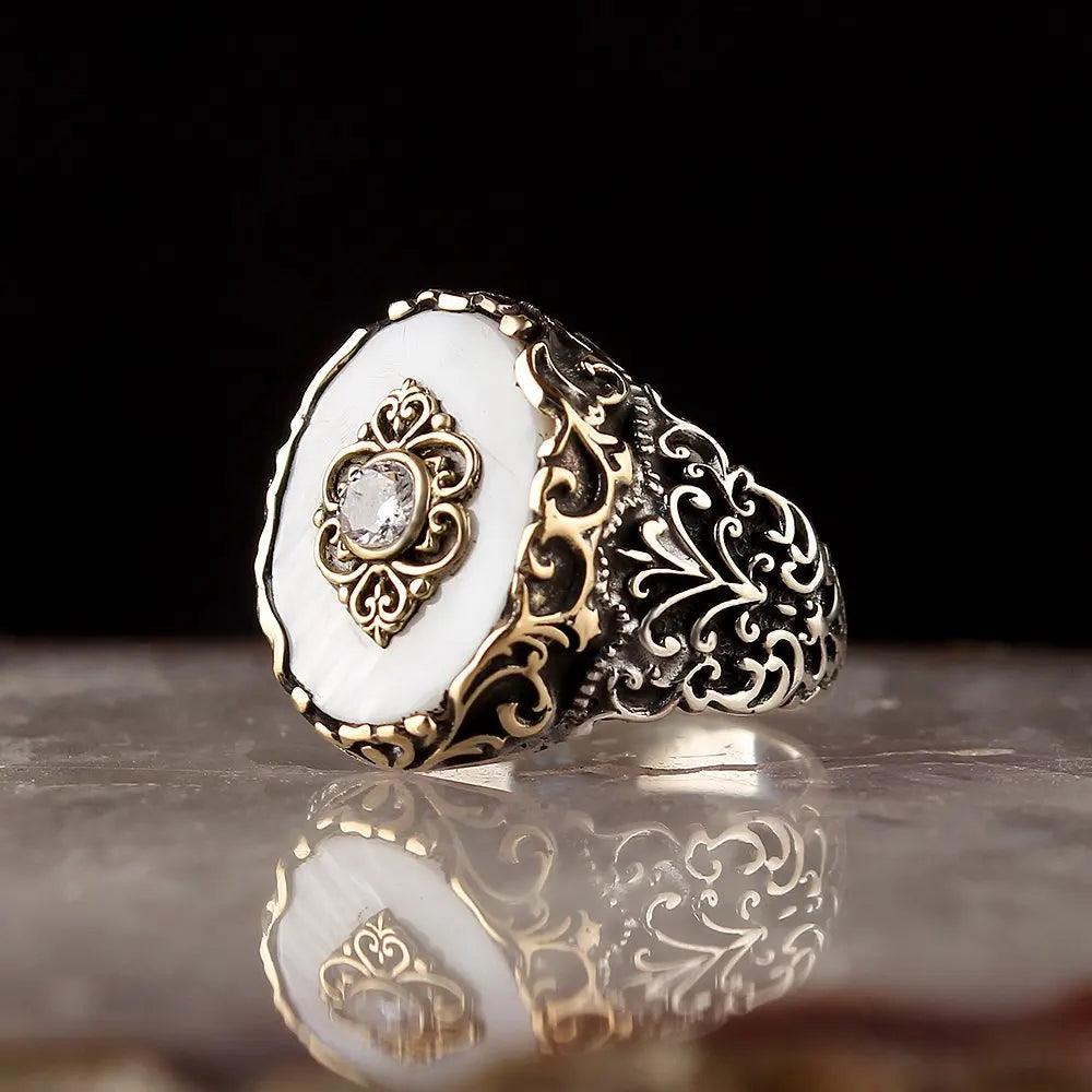 925 Sterling Silver Men's Vintage Ring with Agate Aqeeq & Diamond Ethnic Design for Engagement & Wedding Turkish Made