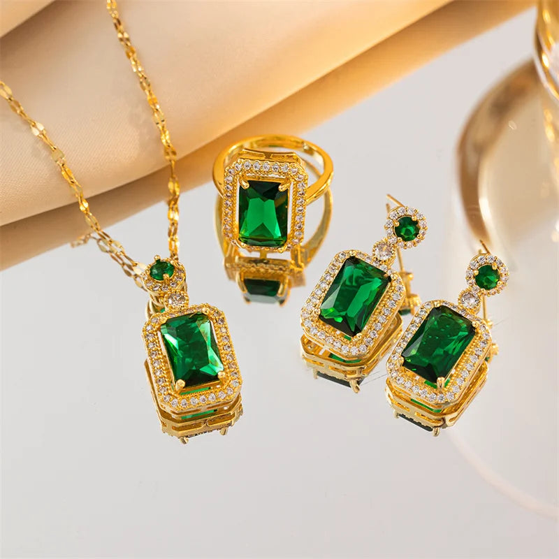 Three-Piece Set Light Luxury Temperament Stainless Steel Jewelry Geometric Small Iced Out Emerald Necklace Earrings Ring Women