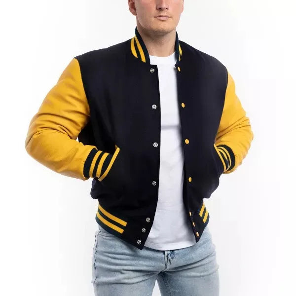 Unisex Black Yellow Waterproof Varsity Jacket Wool Mandarin Collar Quick Dry Breathable Custom Logo Letter Pattern Front College