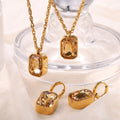 New Arrival Jewelry Square Stone Necklace Earrings Set Pendant Clavicle Fashion Ladies Stainless Steel Suit