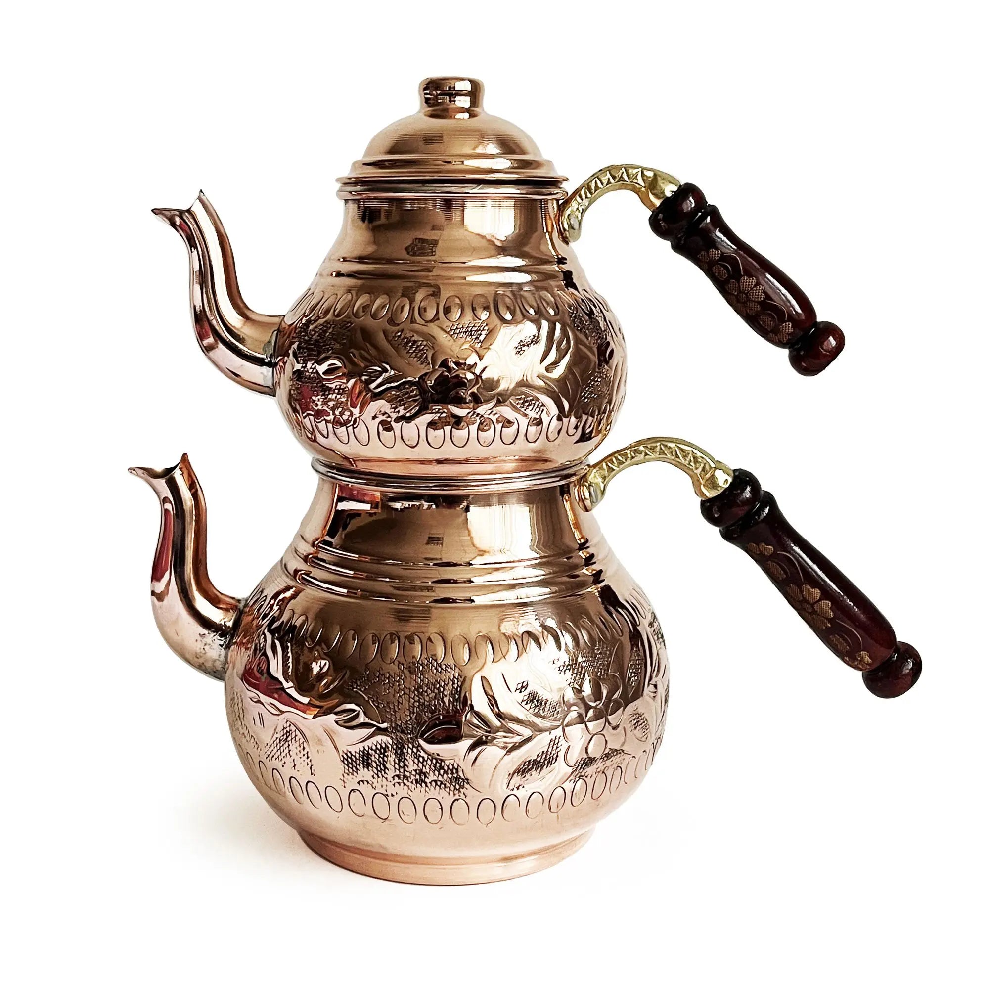 Shark Anatolia Handmade Hand Hammered Classic Turkish Stovetop Tea Kettle Teapot Set Hand Carved Design Shiny Silver Finish