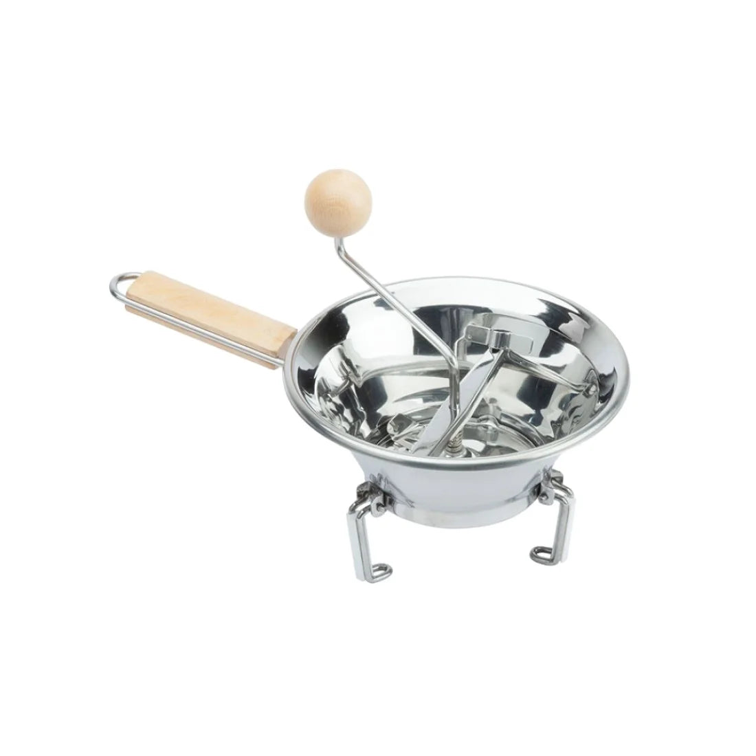 Horeca 3-in-1 Manual Mirror Polished Stainless Steel Eco-Friendly Food Grinder Multisize Discs Wood Handle Fruit Vegetables