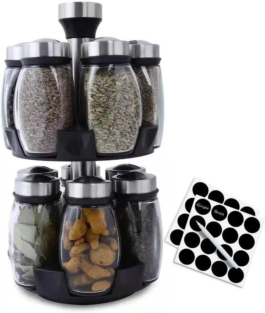 Rotating Spice Rack with 12 Glass Jars Plastic Kitchen Organizer Set for Home & Restaurant